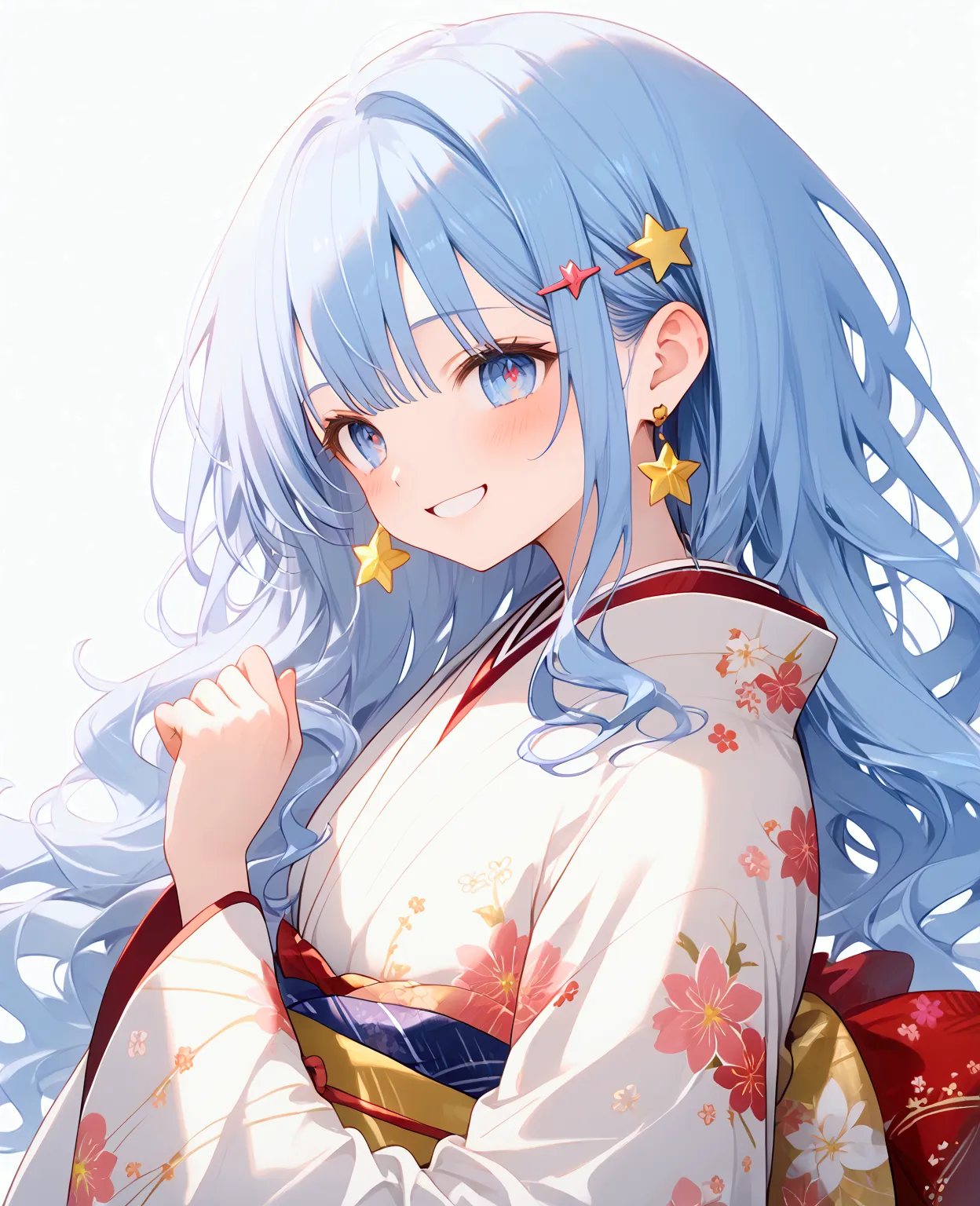 a conceptual art young woman with light blue hair, star-shaped hair clip, long hair. her hair is long and straight, with playful...