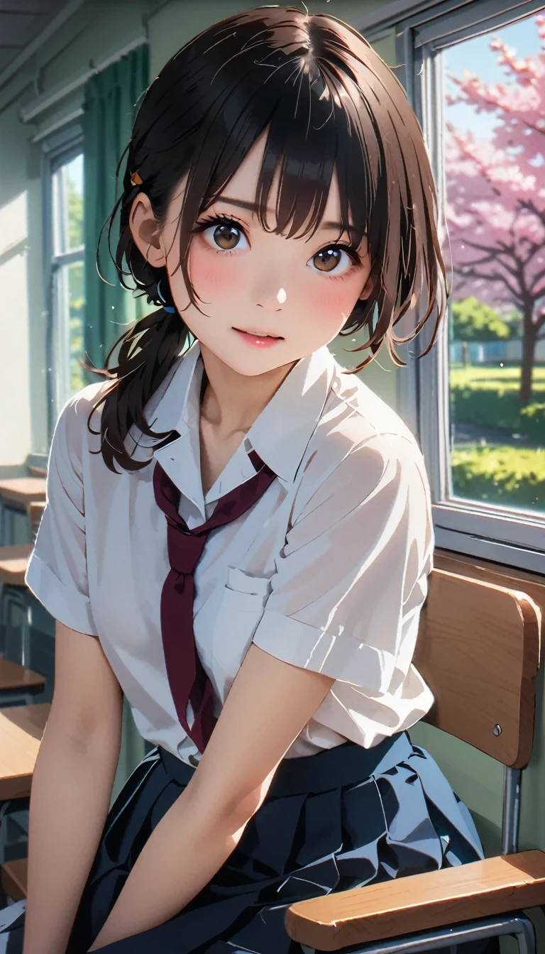 (masterpiece, Highest quality:1.2), 1 girl, alone、(Tabletop, Highest quality:1.2), 8k, 18-year-old, 85mm, Official Art, RAW Photos, Absurd, White dress shirt, Cute Face, close, Upper Body, Viola Lace, Gardenia, beautiful girl, (Dark red tie:1.1)、(Navy Pleated Skirt:1.1), Cinch waist, Thighs, Short sleeve, classroom, ponytail、short hair、short hair、sit on bench seat, Looking at the audience, No makeup, (smile:0.4), Film Grain, chromatic aberration, Sharp focus, Face Light, Bright lighting, Teen, Detailed face, ((Background blur,日本の学校のclassroom、classroom、Cherry tree seen from the window)),Flip up the skirt,Cute lightweight panties