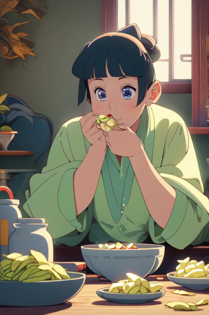 slightly chubby girl watching a movie and eating crisps from a bowl, bedroom scenery