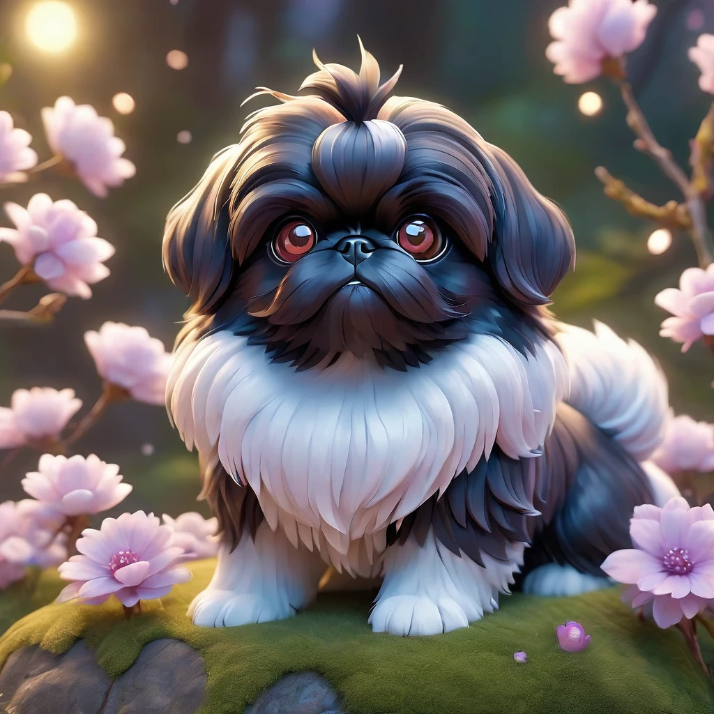 Black shih tzu puppies, Colorful，Fairytale,Fantastic and magical，Movie character rendering，oil painted，3d，8K resolution，sequins，Sparkling，［cherry blossom forest］，rays of moonlight，Detailed eyes，bigger, Round, Reflective eyes