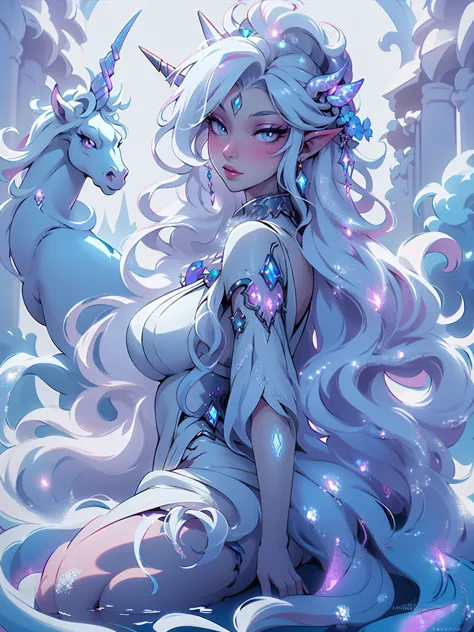 (masterpiece - ultra-detailed, high resolution)there is a white unicorn girl, blue mane and long mane, white unicorn, unicorn, u...