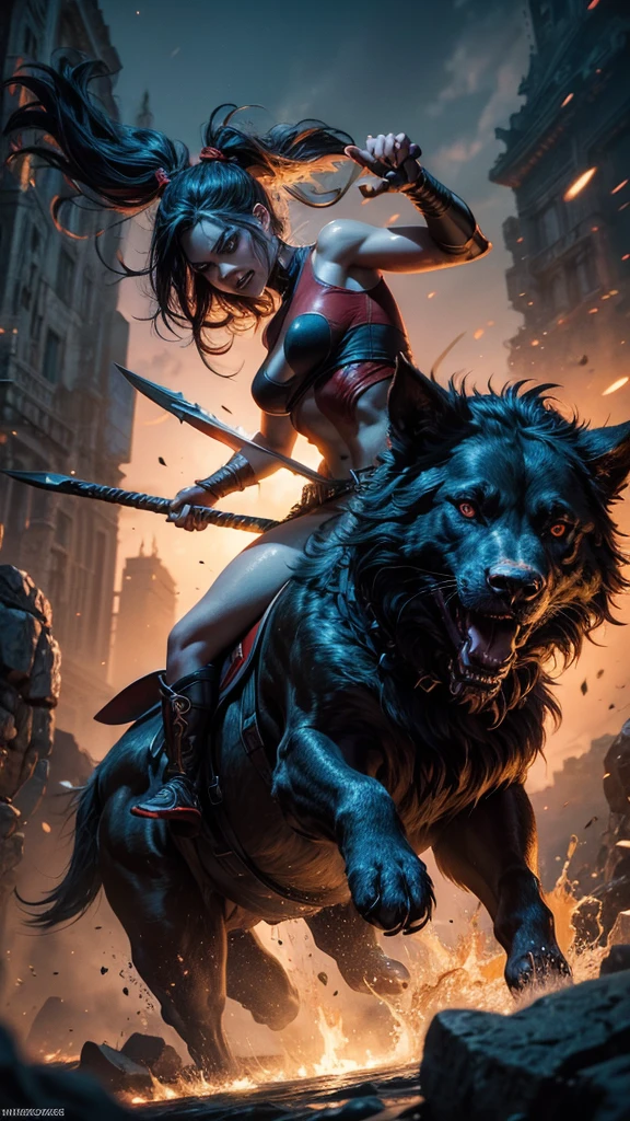 Capturing the mythical feat of Harley Quinn as he subdues Cerberus, this stunning image depicts the hero's strength and bravery in vivid detail. The scene unfolds with Hércules' muscular frame grappling with the beast, its razor-sharp teeth and triple-headed fury portrayed with fierce intensity. Drenched in rich, vibrant colors and exquisite detail, the image is a masterful painting that exudes a sense of epic grandeur and myth--- 3d render trending on art station, photorealistic dark concept art, trending on attestation 64k, horror cgi 64k, 3d render character art 64k, hyperrealist concept art 64k, UHD, Shot with Canon EOS Rebel T7, Manual mode (M), shutter speed of 10-15 seconds, aperture f/2.8, ISO 200.

