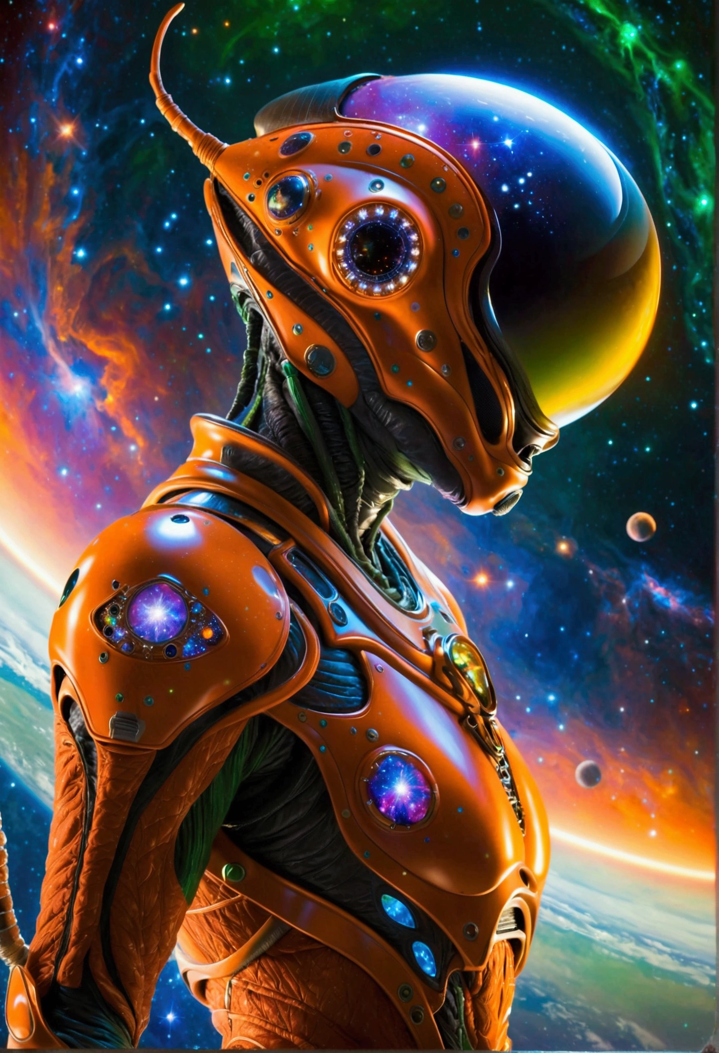 An alien wearing the most advanced technology of alien spaceship in the dark universe, a unique alien alien, dressed in an orange-studded, high-tech spacesuit, is depicted wandering in a vibrantly hued space environment. A profusion of colors from red to blue, and green to violet, embody the cosmic spectacle around the space traveler. An ethereal mix of hues is noticed as a gigantic supernova bursts, unleashing colossal energy in the background. This sublime celestial event with incandescent filaments and pulsating radiances illuminates the wonders of the infinite universe, casting a spectacular light across the panorama. This mesmerizing view celebrates the awe-inspiring beauty and mystery of space.