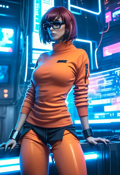 techwear fashion in artgerm style, cyberpunk style, 1womanl, velma, cyber punk clothing, female focus, citys,cyber punk backgrou...