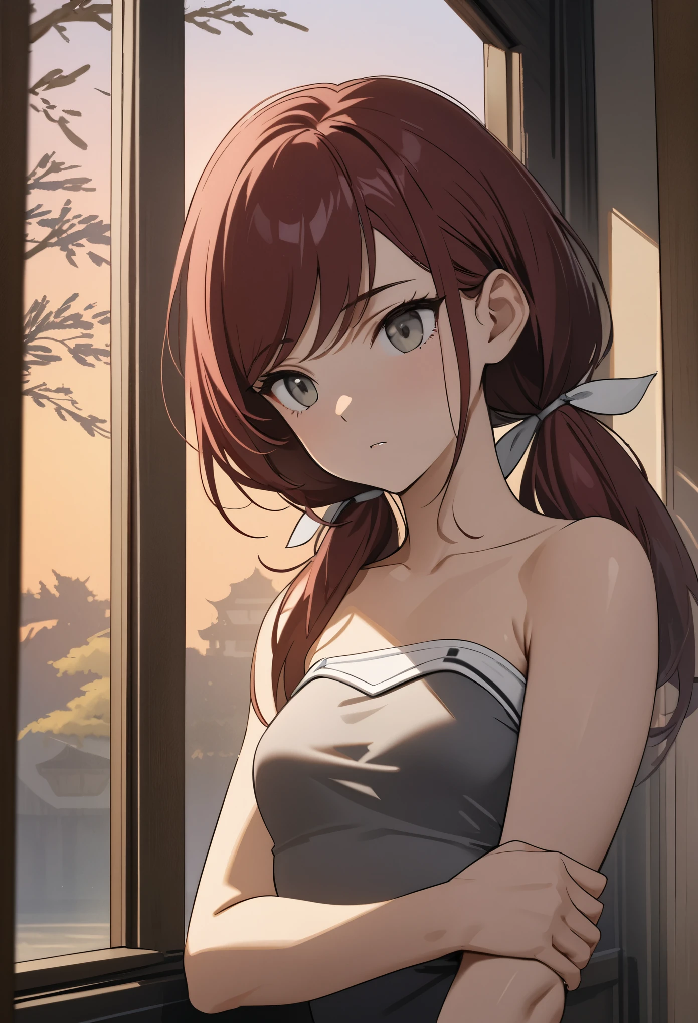 best quality, masterpiece, stoic,young woman, holding own arm, head tilt, looking to the side out window, sunrays, upper body, close up, Gray eyes, dark red hair, swept bangs, low twin tails, white ribbons, gray strapless shirt with white trim, black jeans, small breasts, toned arms, dusk, willow tree,