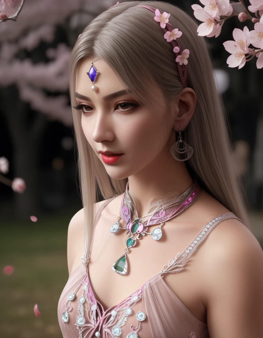 (,1 Girl, Throw,best quality, ) , ((, Jewelry, earrings, neckLace, Looking at the audience,  For the audience, outdoor, Cherry blossoms,  ))    Ultra-realistic 8k CG, Flawless, Clean, masterpiece, Professional artwork, Famous Artworks, Movie Lighting, Movie Bloom, Perfect face, Pretty Face, fantasy, Like a dream, illusory, Science fiction, Lace, Lace trim, Lace-trimmed legwear, luxurious, Jewelry, diamond, Kaneko, pearl, gem, 蓝gem, 红gem, emerald, Intricate details, delicate patterned, charming, Tempting, Tempting的, , enchanting, Hair accessories, neckLace, earrings, bracelet, armband,Halo,Autumn leaves,