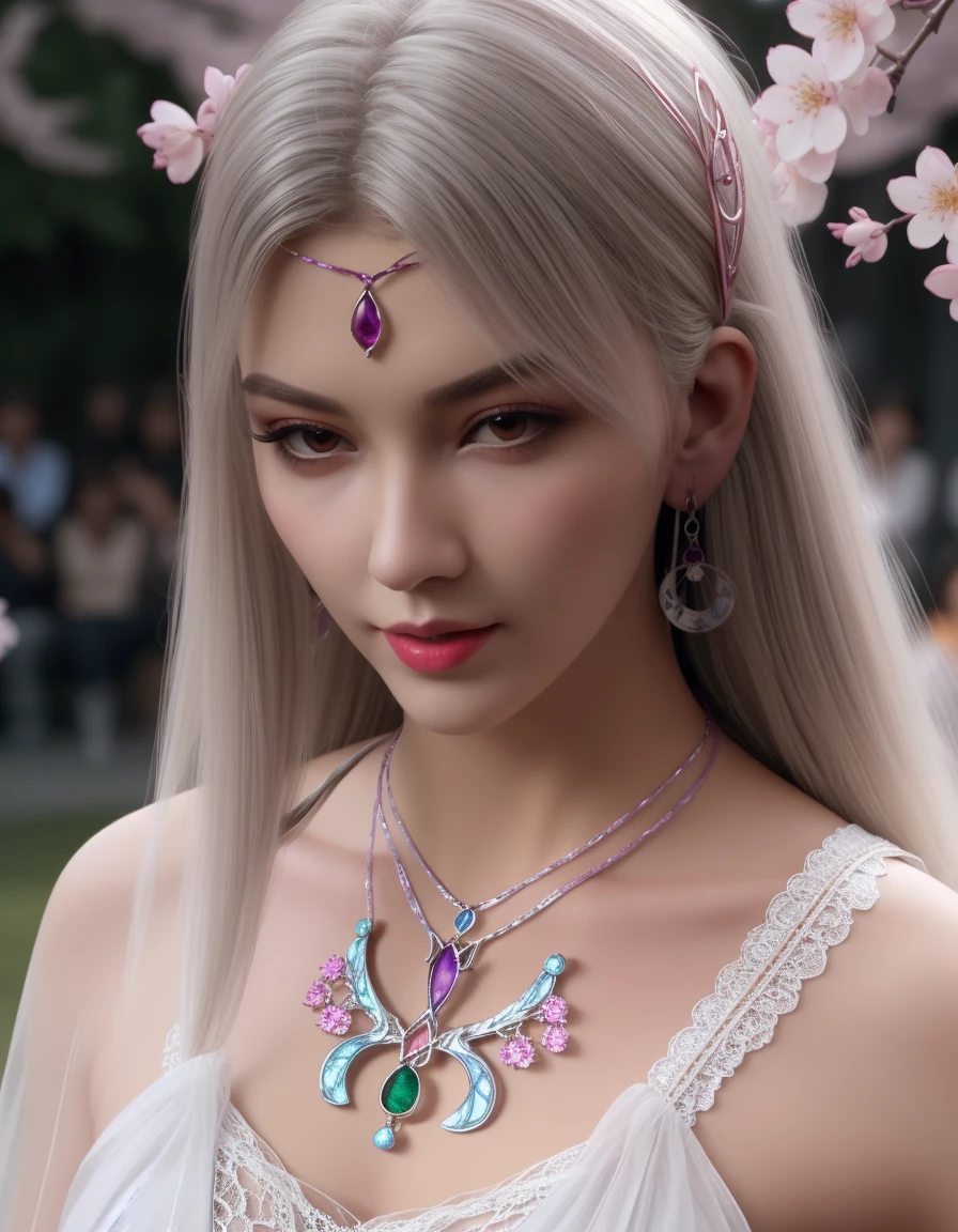 (,1 Girl, Throw,best quality, ) , ((, Jewelry, earrings, neckLace, Looking at the audience,  For the audience, outdoor, Cherry blossoms,  ))    Ultra-realistic 8k CG, Flawless, Clean, masterpiece, Professional artwork, Famous Artworks, Movie Lighting, Movie Bloom, Perfect face, Pretty Face, fantasy, Like a dream, illusory, Science fiction, Lace, Lace trim, Lace-trimmed legwear, luxurious, Jewelry, diamond, Kaneko, pearl, gem, 蓝gem, 红gem, emerald, Intricate details, delicate patterned, charming, Tempting, Tempting的, , enchanting, Hair accessories, neckLace, earrings, bracelet, armband,Halo,Autumn leaves,