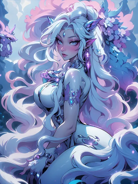 (masterpiece - ultra-detailed, high resolution)there is a white unicorn girl, blue mane and long mane, white unicorn, unicorn, u...