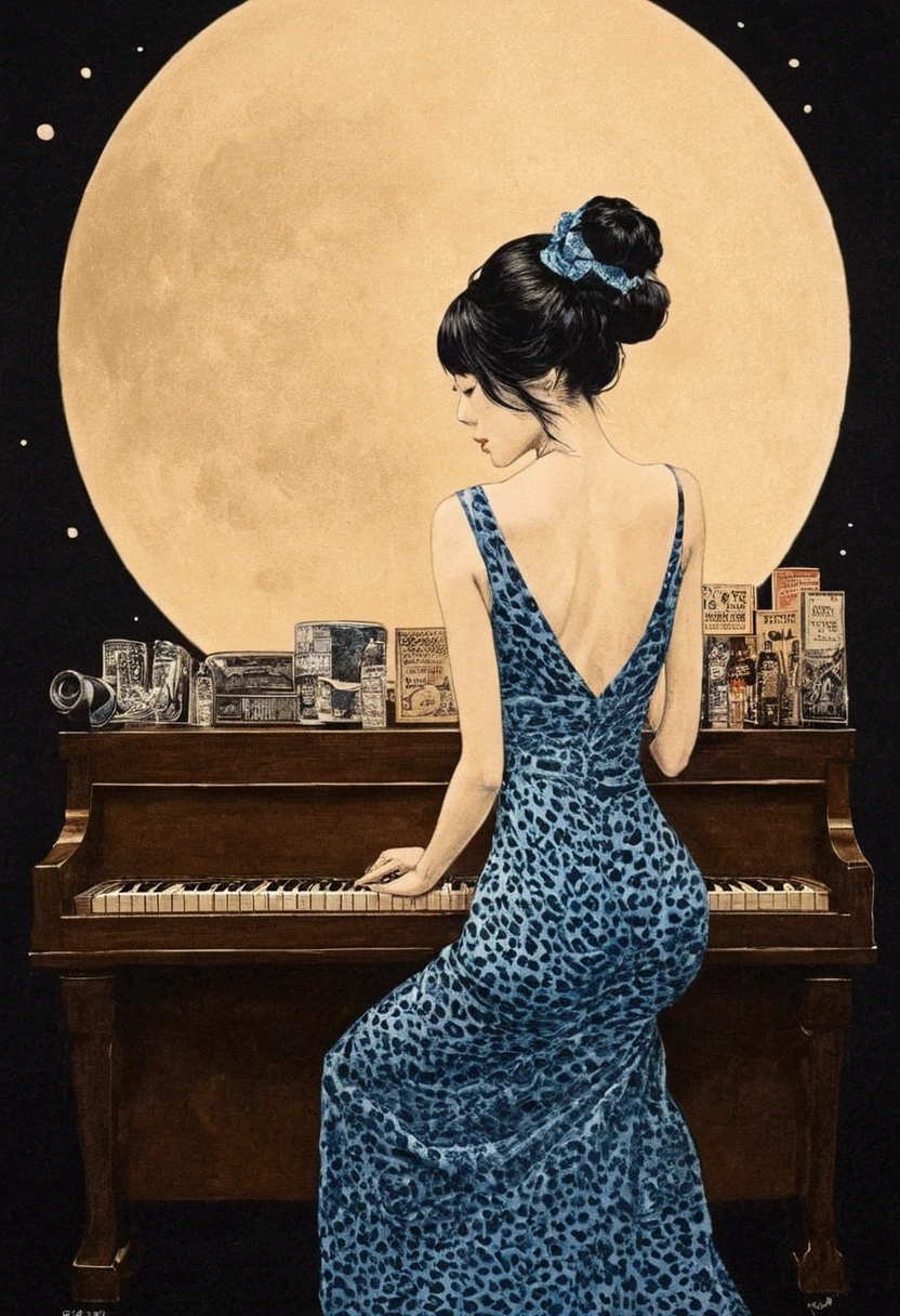 Taisho Romance　obert johnson, gritty, alabama bar, blue note, charismatic , leopard skin dress, illustration, noir fantasy, lone lady, sad ending, japanese kimono woman pianist blues bluesmusic blues bar sad feeling dark moonlight usa america south blues bar