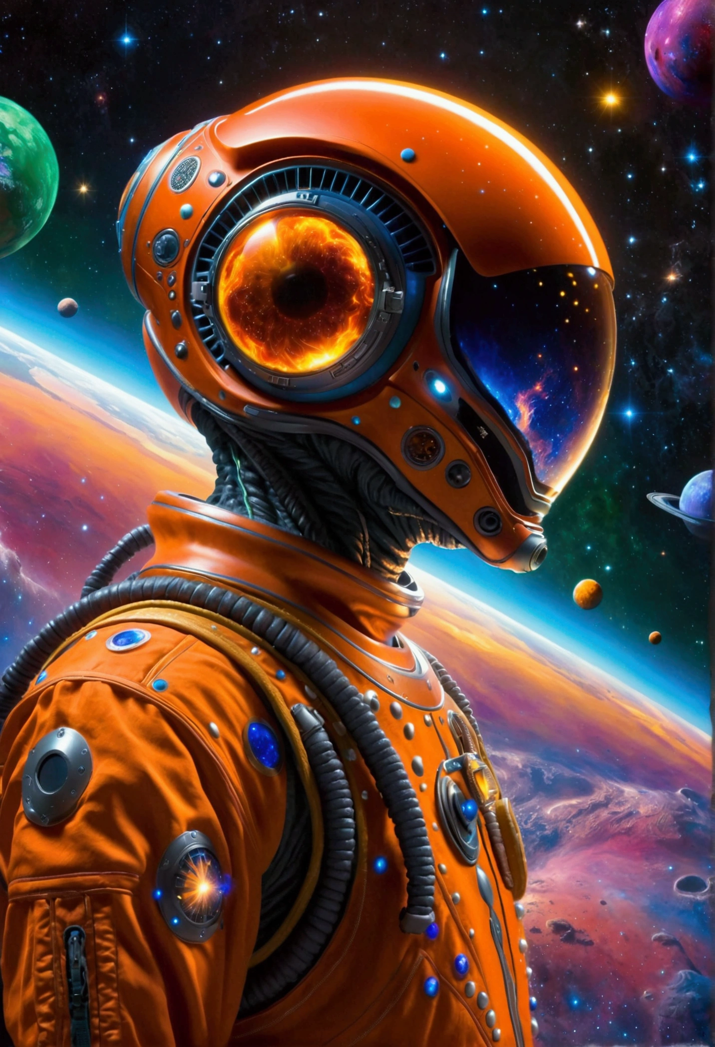 An alien wearing the most advanced technology of alien spaceship in the dark universe, a unique alien alien, dressed in an orange-studded, high-tech spacesuit, is depicted wandering in a vibrantly hued space environment. A profusion of colors from red to blue, and green to violet, embody the cosmic spectacle around the space traveler. An ethereal mix of hues is noticed as a gigantic supernova bursts, unleashing colossal energy in the background. This sublime celestial event with incandescent filaments and pulsating radiances illuminates the wonders of the infinite universe, casting a spectacular light across the panorama. This mesmerizing view celebrates the awe-inspiring beauty and mystery of space.