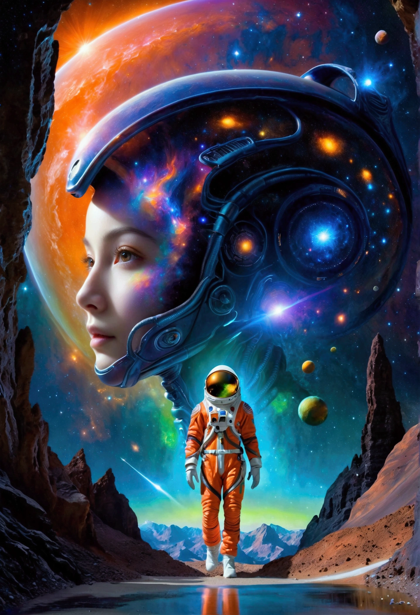 An alien wearing the most advanced technology of alien spaceship in the dark universe, a unique alien alien, dressed in an orange-studded, high-tech spacesuit, is depicted wandering in a vibrantly hued space environment. A profusion of colors from red to blue, and green to violet, embody the cosmic spectacle around the space traveler. An ethereal mix of hues is noticed as a gigantic supernova bursts, unleashing colossal energy in the background. This sublime celestial event with incandescent filaments and pulsating radiances illuminates the wonders of the infinite universe, casting a spectacular light across the panorama. This mesmerizing view celebrates the awe-inspiring beauty and mystery of space.