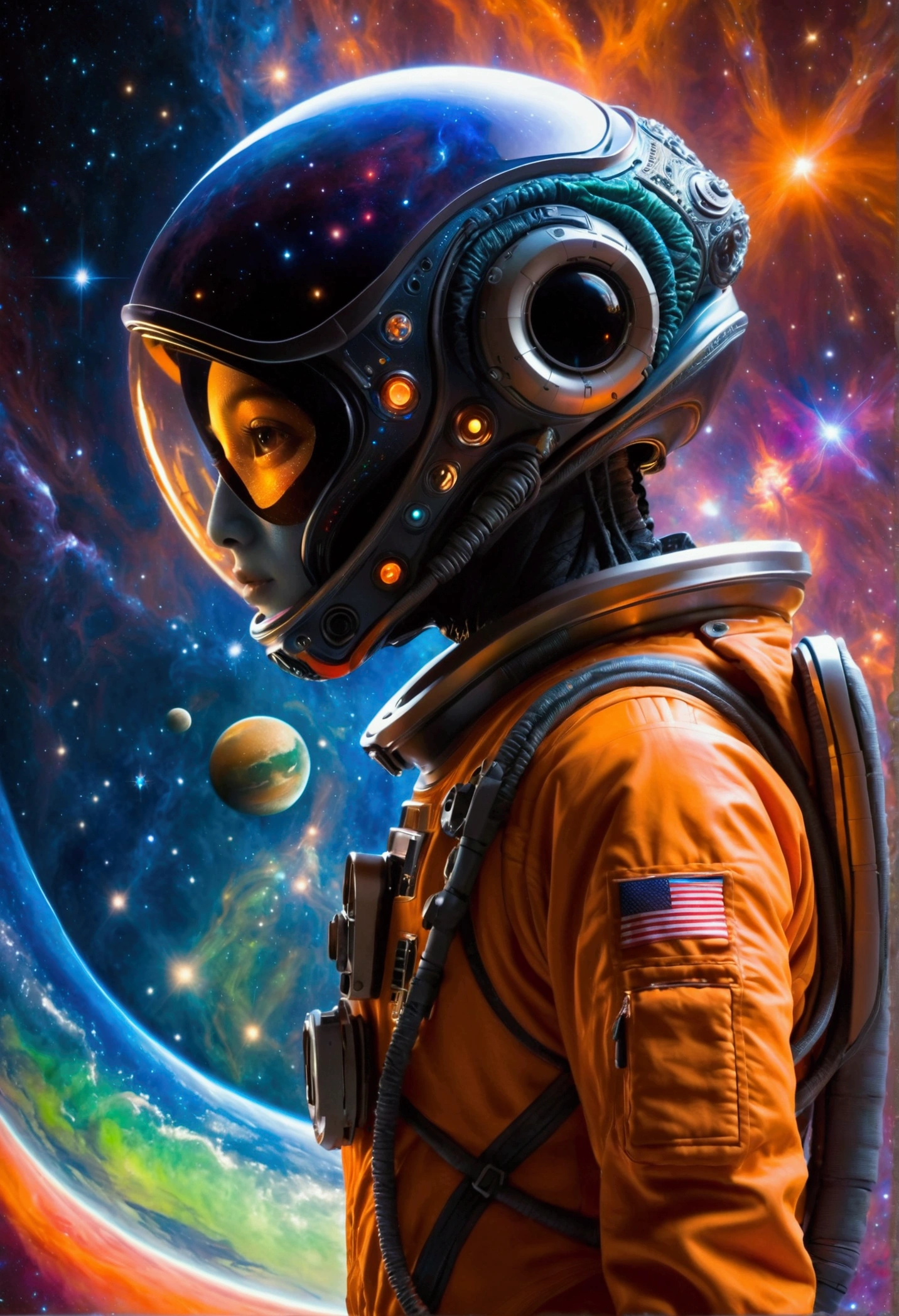 An alien wearing the most advanced technology of alien spaceship in the dark universe, a unique alien alien, dressed in an orange-studded, high-tech spacesuit, is depicted wandering in a vibrantly hued space environment. A profusion of colors from red to blue, and green to violet, embody the cosmic spectacle around the space traveler. An ethereal mix of hues is noticed as a gigantic supernova bursts, unleashing colossal energy in the background. This sublime celestial event with incandescent filaments and pulsating radiances illuminates the wonders of the infinite universe, casting a spectacular light across the panorama. This mesmerizing view celebrates the awe-inspiring beauty and mystery of space.