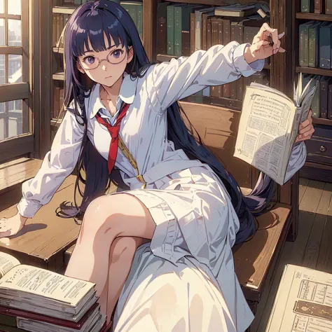 (((masterpiece))) ((( background : romantic theme : students : in library : books ))) ((( character : kanna : fit body : long sm...