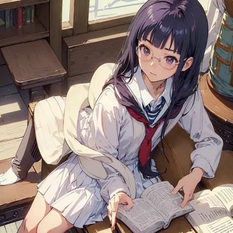 (((masterpiece))) ((( background : romantic theme : students : in library : books ))) ((( character : kanna : fit body : long sm...