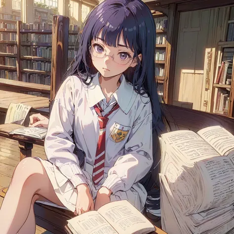 (((masterpiece))) ((( background : romantic theme : students : in library : books ))) ((( character : kanna : fit body : long sm...