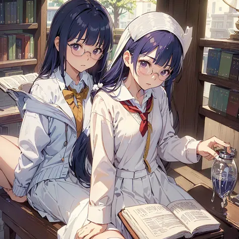 (((masterpiece))) ((( background : romantic theme : students : in library : books ))) ((( character : kanna : fit body : long sm...