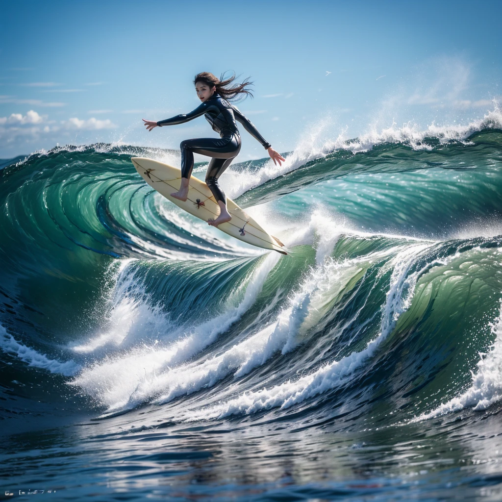 (Luminism:1.28), Back view、(TopQuality 8K Masterpiece:1.2) (ProfessionalPHOTO:1.37) Extremely Detailed (A girl standing on a surfboard riding a wave), (Colorful morning Glory Rays)、(Crouching and balancing on a surfboard.:1.28), (There is Detailed Only one surfboard under her feet:1.32) Splashing water Particles Sparkling waves, Glowing Wet Hair、(Super hourglass body type)、Dynamic motion blur, Perfect Hand、(Surfing Photos:1.4) Extreme Sports Photography with action pose