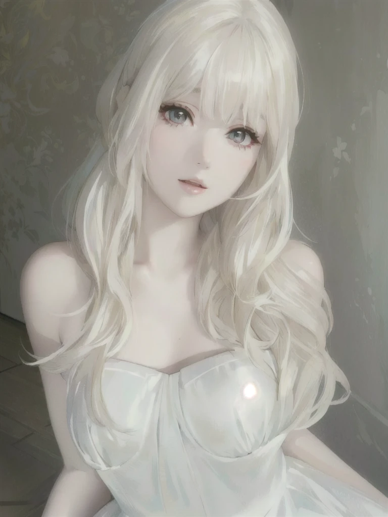 a close up of a woman with long blonde hair wearing a white dress, long white hair and bangs, white hime cut hairstyle, with white long hair, anime girl in real life, with long white hair, pale porcelain white skin, white bangs, pale milky white porcelain skin, extremely pale blond hair, perfect white haired girl, long blonde hair and big eyes