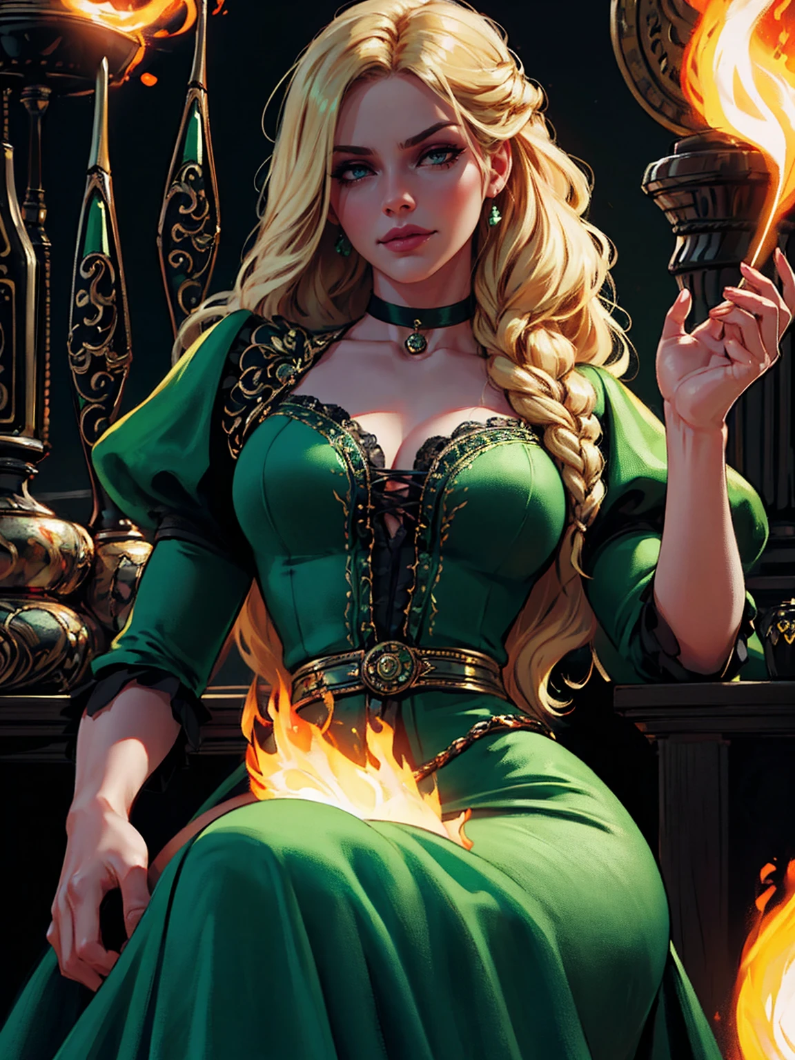 {-erro_de_anatomia:1.0} woman 40 years old, victorian clothes, (green dress), a woman (johanna constantine), very long blond hair, curly hair, (blond hair), (dark blue 1 eyes), black choker . Indifferent look , merciless, dinamic poses, egoist smile, holding one pistol (fire gun)