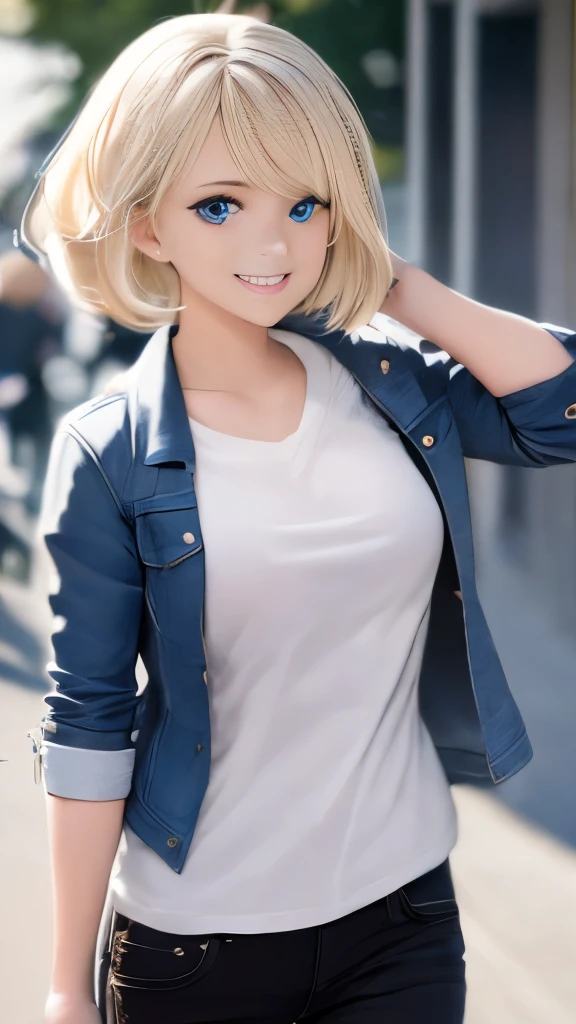 ChristiaAOT, 1girl, solo, christa renz, smile, hair between eyes, Blue eyes, blonde hair, jacket, medium hair,