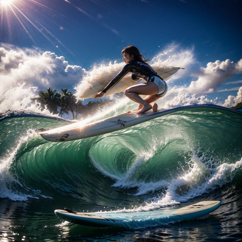 (Luminism:1.28), Back view、(TopQuality 8K Masterpiece:1.2) (ProfessionalPHOTO:1.37) Extremely Detailed (A girl standing on a surfboard riding a wave), (Colorful morning Glory Rays)、(Crouching and balancing on a surfboard.:1.28), (There is Detailed Only one surfboard under her feet:1.32) Splashing water Particles Sparkling waves, Glowing Wet Hair、(Super hourglass body type)、Dynamic motion blur, Perfect Hand、(Surfing Photos:1.4) Extreme Sports Photography with action pose