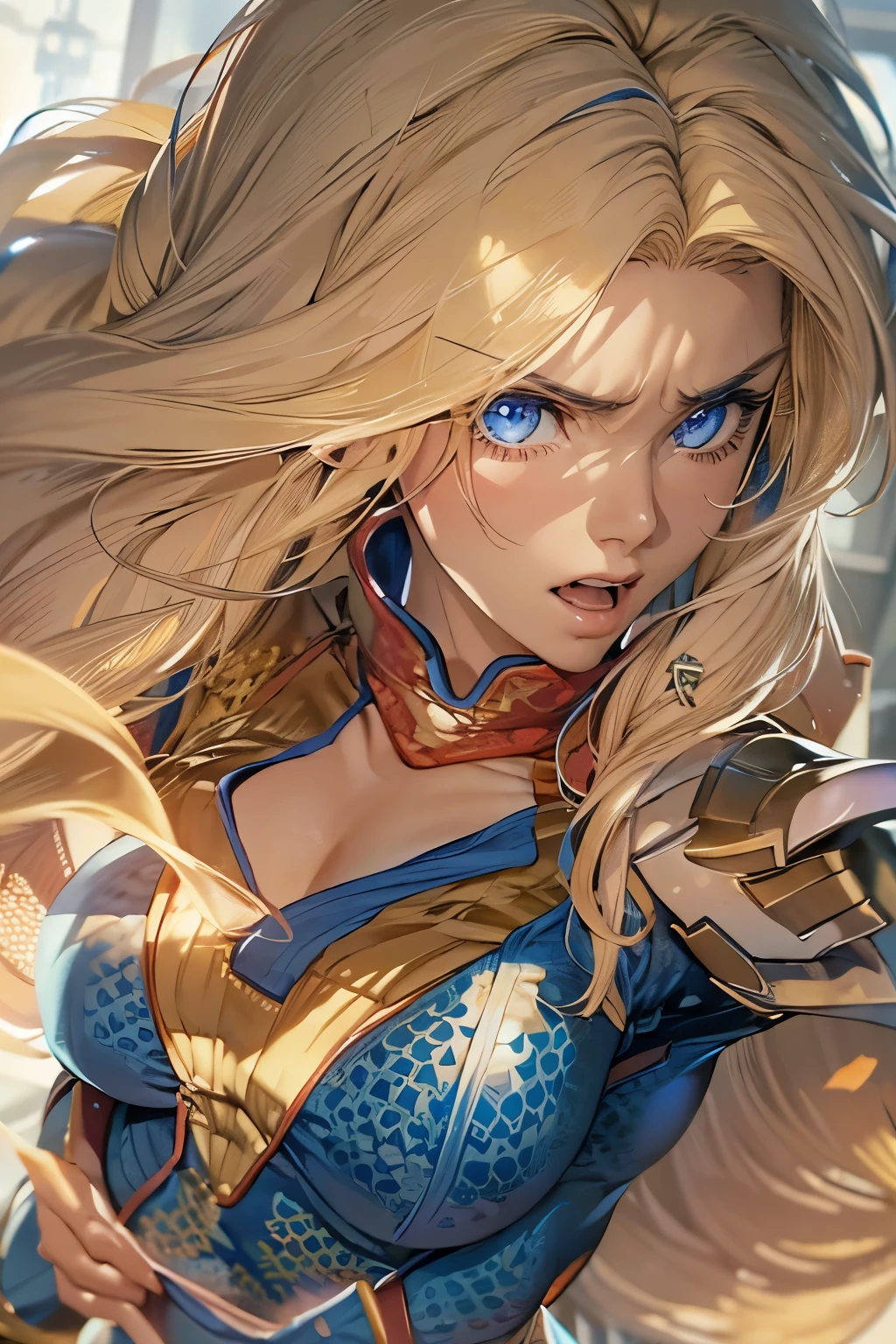 Ultra detailed, 1girl  Homelander,  very long blonde hair, angry face,  medium breasts,  hero uniform,  skirt .