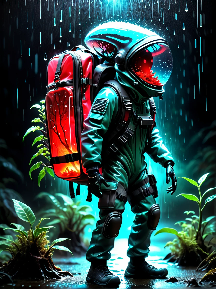 An alien carrying（Glass sealed backpack：1.3），Inspired by（Bioluminescent Red Fiberglass Tree：1.6）BREAKLIVE PLANTS INSIDE，High contrast，Dark Background，Wet and rainy，Epic，Moody，