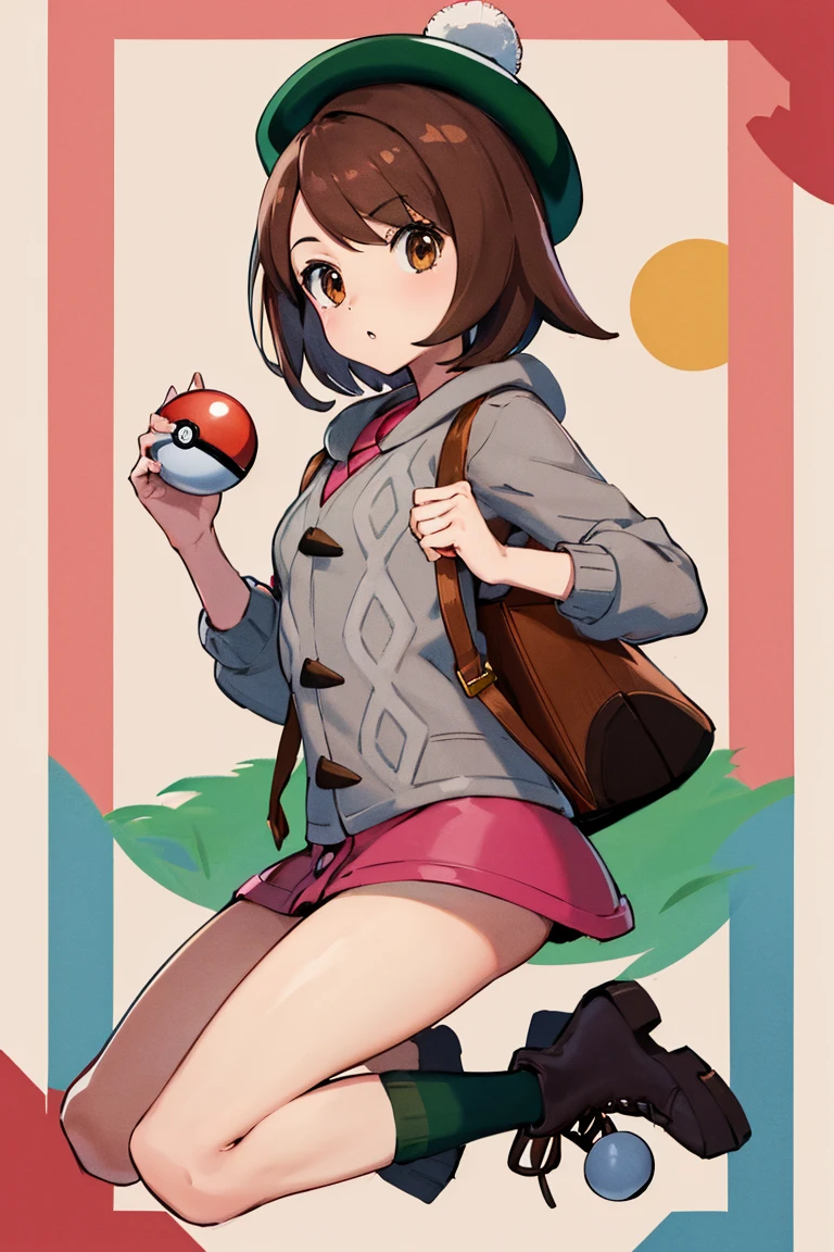 masterpiece, best quality, highres, gloria1, 1girl, gloria \(pokemon\), poke ball \(basic\), brown hair, solo, holding poke ball, backpack, brown eyes, tam o' shanter, grey cardigan, pink dress, short hair, green socks, socks, brown bag, bob cut, bangs, long sleeves, collared dress, field, grass, full body, boots,