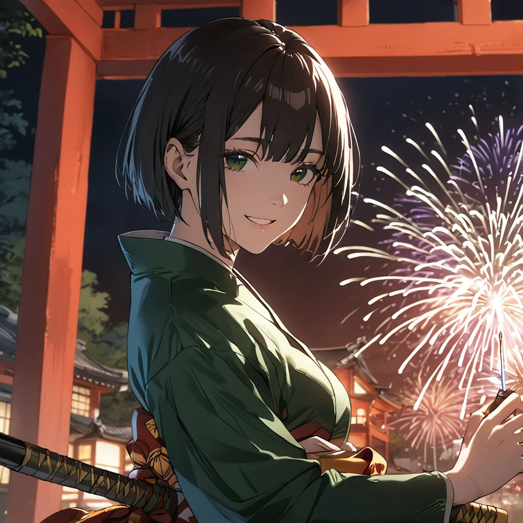 Ridiculous resolution, high resolution, (masterpiece: 1.4), Very detailed, (1 female: 1.3), (Solitary: 1.4), fireworks, Short Bob, Short Bob, kimono, look back, Close your eyes, Smile, Light, Shinkai Makoto style, Super close-up of face, Super detailed illustrations, Bright colors, cinematic Light, exciting Light production, Attention to detail, Bright colors, Hairpin, kimono, Big side breast, look back, Happy, Smile, From below,