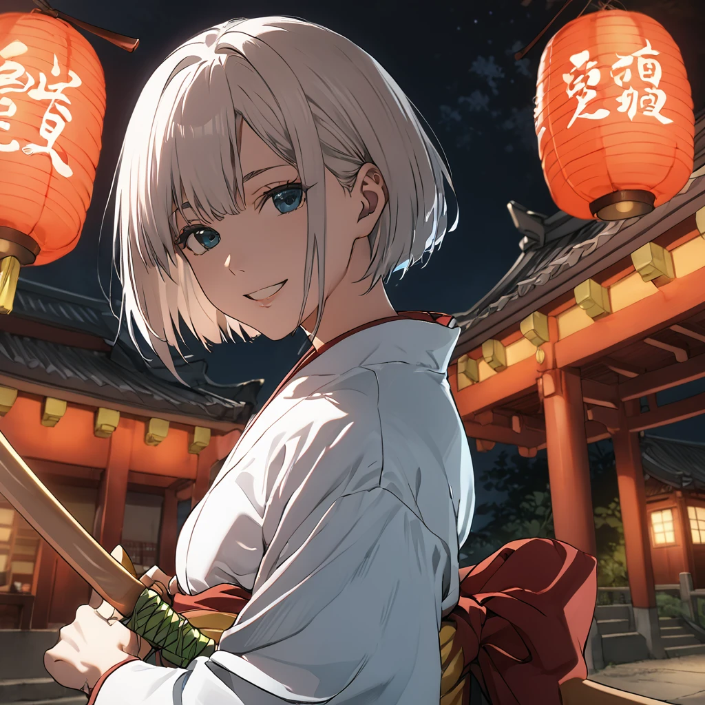 Ridiculous resolution, high resolution, (masterpiece: 1.4), Very detailed, (1 female: 1.3), (Solitary: 1.4), fireworks, Short Bob, Short Bob, kimono, look back, Close your eyes, Smile, Light, Shinkai Makoto style, Super close-up of face, Super detailed illustrations, Bright colors, cinematic Light, exciting Light production, Attention to detail, Bright colors, Hairpin, kimono, Big side breast, look back, Happy, Smile, From below,