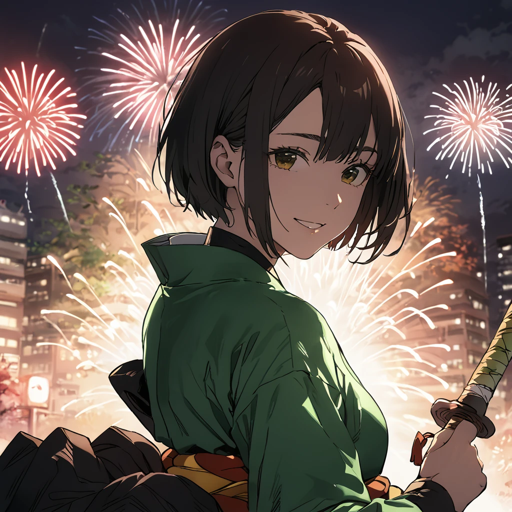 Ridiculous resolution, high resolution, (masterpiece: 1.4), Very detailed, (1 female: 1.3), (Solitary: 1.4), fireworks, Short Bob, Short Bob, kimono, look back, Close your eyes, Smile, Light, Shinkai Makoto style, Super close-up of face, Super detailed illustrations, Bright colors, cinematic Light, exciting Light production, Attention to detail, Bright colors, Hairpin, kimono, Big side breast, look back, Happy, Smile, From below,