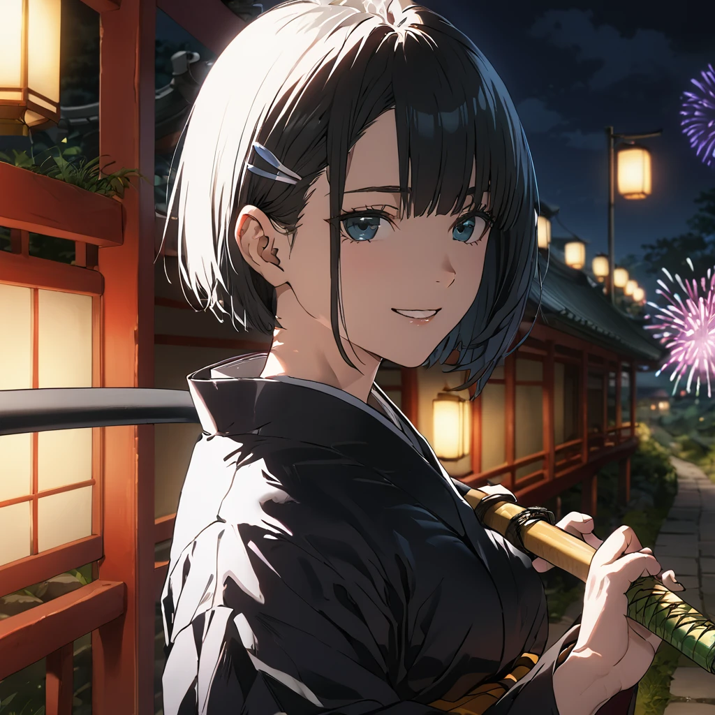 Ridiculous resolution, high resolution, (masterpiece: 1.4), Very detailed, (1 female: 1.3), (Solitary: 1.4), fireworks, Short Bob, Short Bob, kimono, look back, Close your eyes, Smile, Light, Shinkai Makoto style, Super close-up of face, Super detailed illustrations, Bright colors, cinematic Light, exciting Light production, Attention to detail, Bright colors, Hairpin, kimono, Big side breast, look back, Happy, Smile, From below,