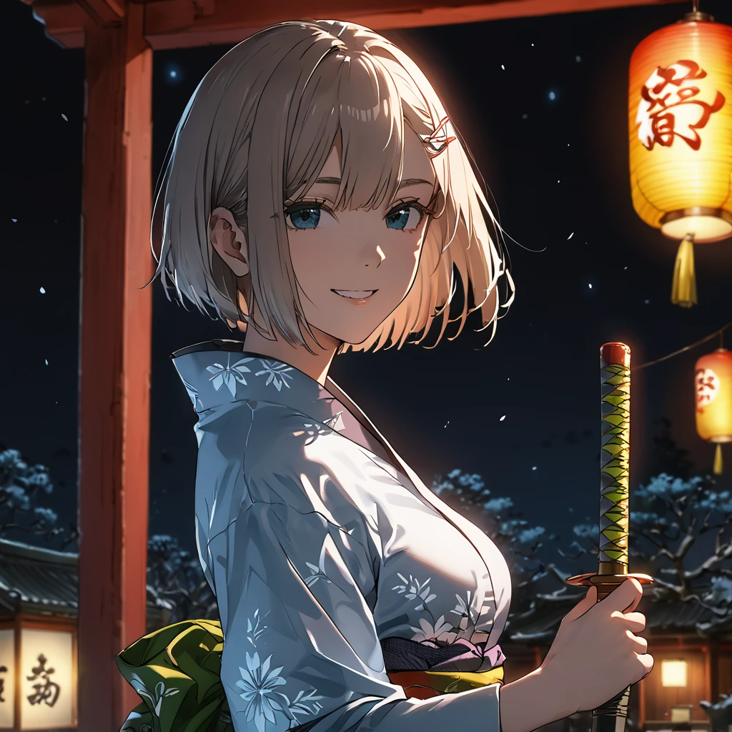 Ridiculous resolution, high resolution, (masterpiece: 1.4), Very detailed, (1 female: 1.3), (Solitary: 1.4), fireworks, Short Bob, Short Bob, kimono, look back, Close your eyes, Smile, Light, Shinkai Makoto style, Super close-up of face, Super detailed illustrations, Bright colors, cinematic Light, exciting Light production, Attention to detail, Bright colors, Hairpin, kimono, Big side breast, look back, Happy, Smile, From below,