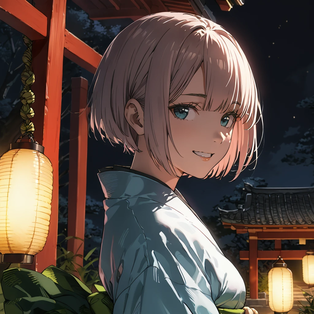 Ridiculous resolution, high resolution, (masterpiece: 1.4), Very detailed, (1 female: 1.3), (Solitary: 1.4), fireworks, Short Bob, Short Bob, kimono, look back, Close your eyes, Smile, Light, Shinkai Makoto style, Super close-up of face, Super detailed illustrations, Bright colors, cinematic Light, exciting Light production, Attention to detail, Bright colors, Hairpin, kimono, Big side breast, look back, Happy, Smile, From below,