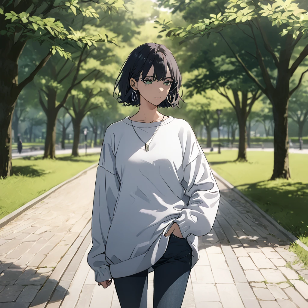 (masterpiece:1.2, best quality), 1. Ms., Solitary, Upper Body, Big , Dark Wash Skinny Jeans, Oversized sweaters, Ankle boots, Loose Waves, Center, Simple hoop earrings, Green Park