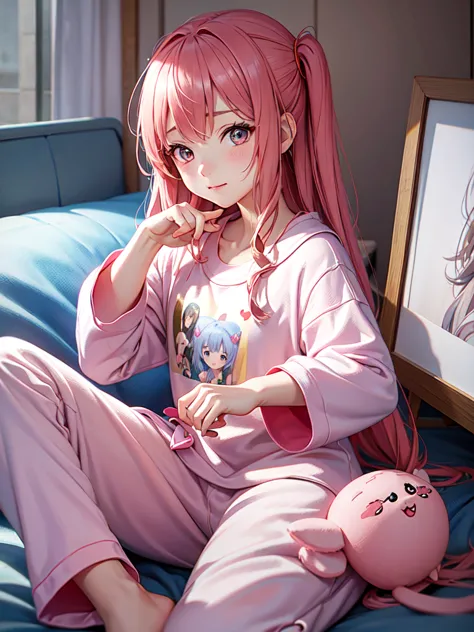 anime girl in pajamas poses for a photo with hearts in the background, cute realistic portrait, created by anime painter studio,...