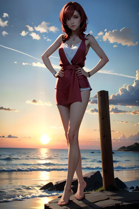 ((ultra detailed, masterpiece, absurdres))
 khkairi, 1girl, solo, red hair, blue eyes, standing on a cliff by the sea, the sunse...