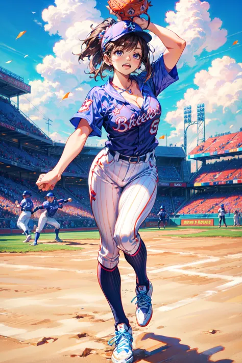 1girl,solo,cute,throwing baseball,full body,her left hand wear grobe,baseball uniform,cleavage