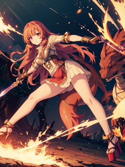 raphtalia in sexy open toe platform high heels sword fighting a dragon