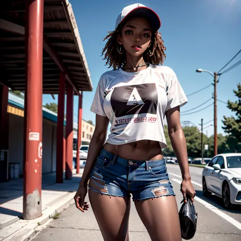 1 girl, alone, brown skin, mujer de brown skin parte superior del cuerpo, baseball cap, t-shirt, tomboy