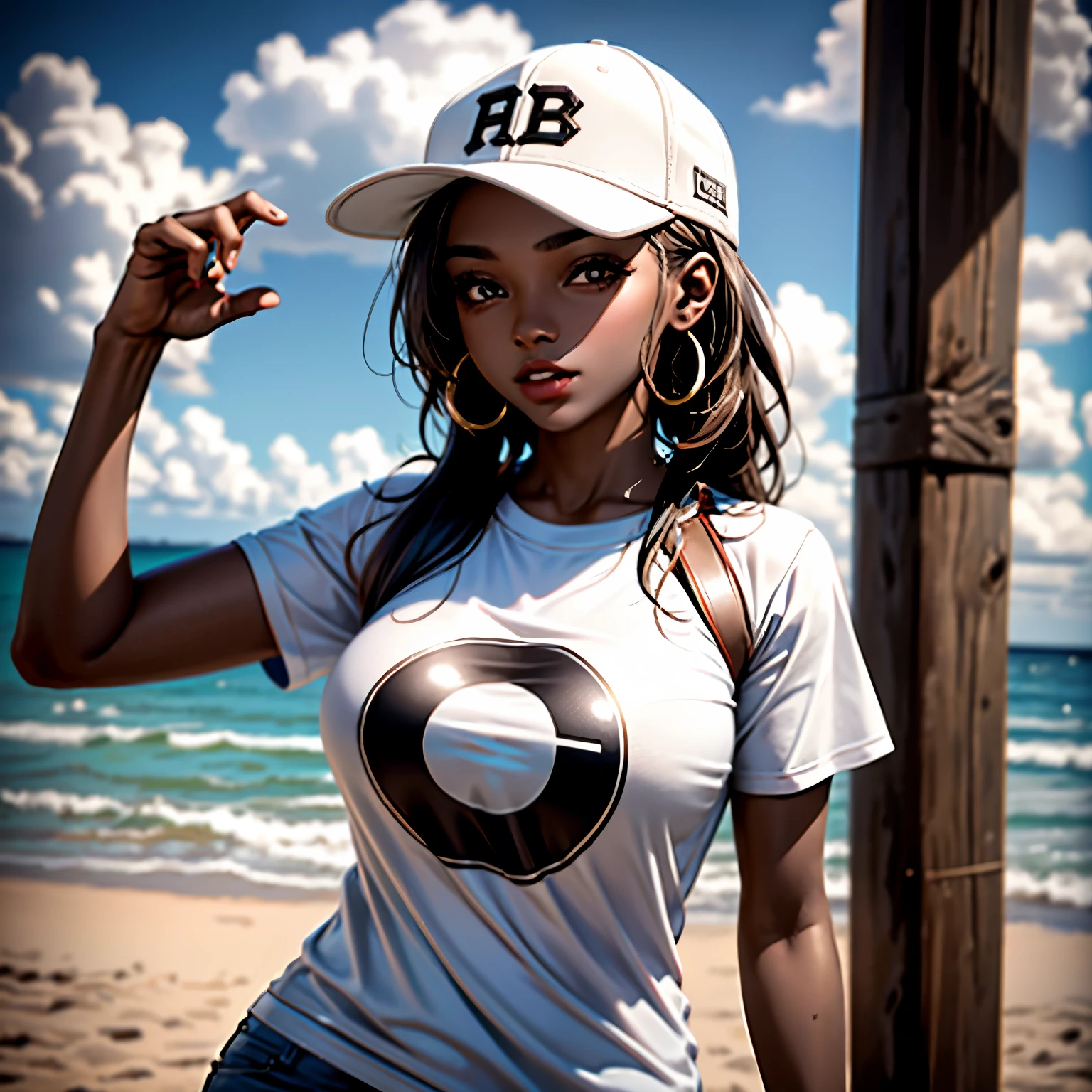 1 girl, Alone, brown skin, mujer de brown skin Parte superior del cuerpo, baseball cap, T-shirt, tomboy