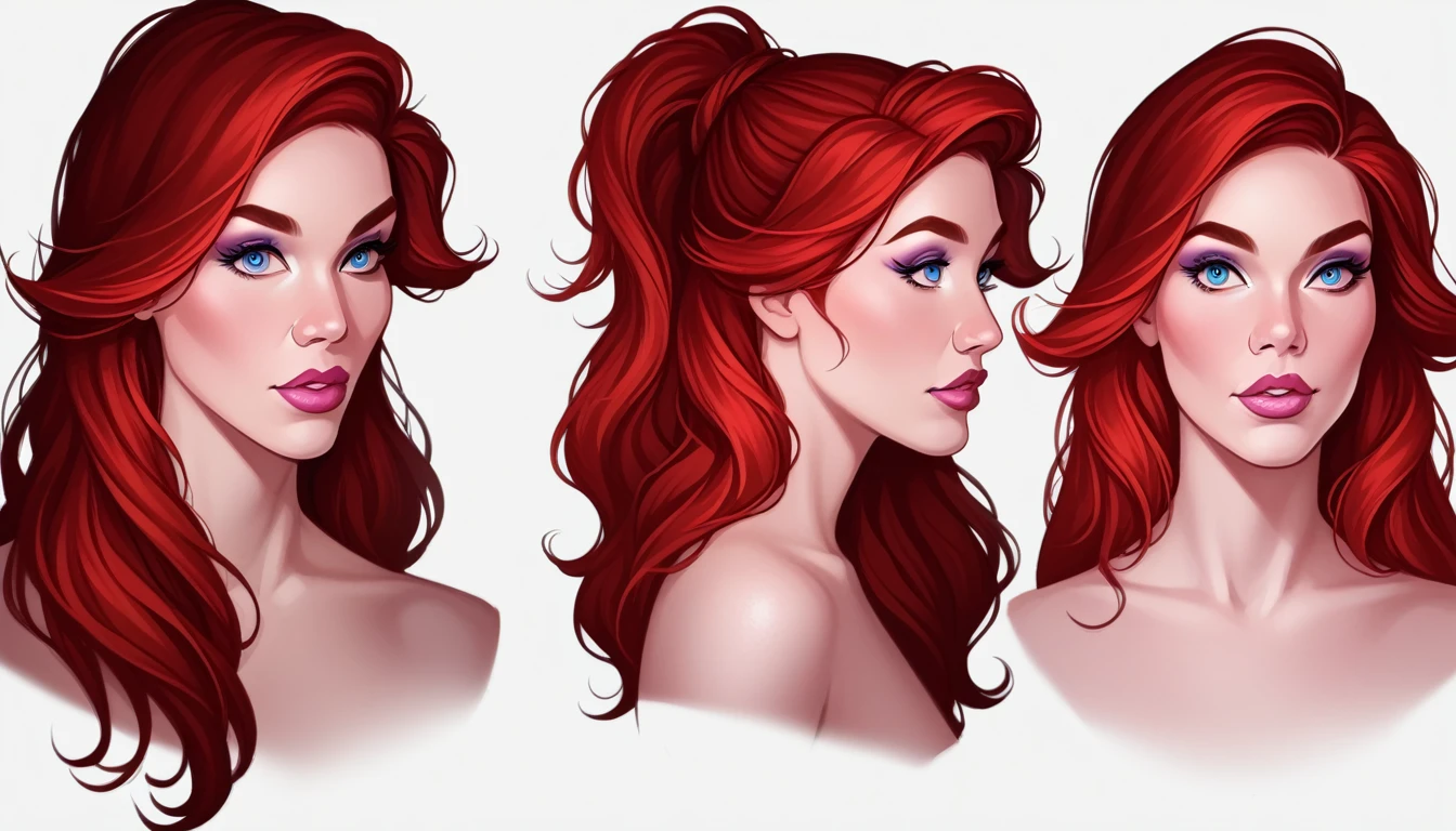 AnastasiaXLP, long hair, red hair, blue eyes, thick lips, lost princess, lipstick, eyeshadow, beautiful, detailed face, photorealistic, colored skin, detailed face, detailed eyes, ultra-detailed, multiple views, multiple heads, head turnaround, upper body, bust turnaround, facing the right, facing the left, seen from the front, front view, 3/4 front view, side view, profile view, side profile view, 3/4 side view, back view, high detail, high quality, uhd, 8k, Score_9, score_8_up
