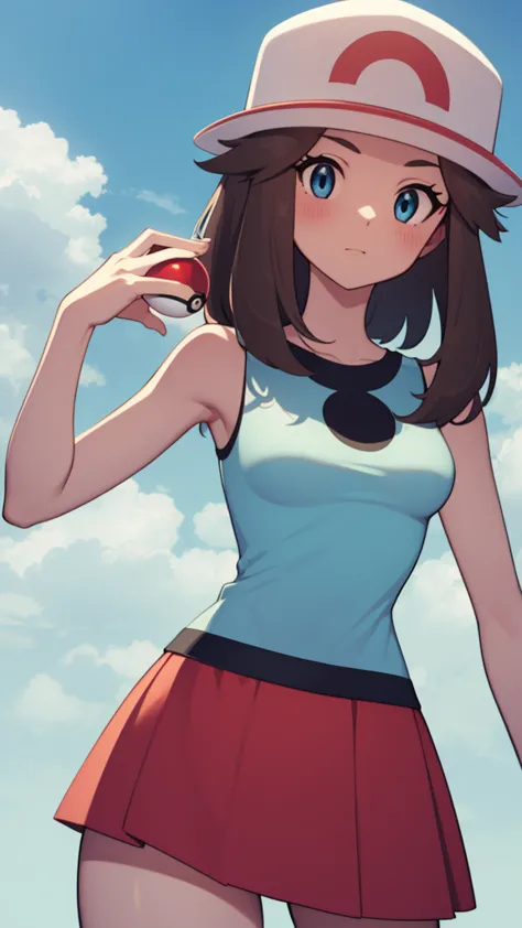 pokemon leaf, pokemon leaf, brown eyes, brown hair, by the wide , (small breasts:1.2),
break  cap, has, sky blue sleeveless blou...