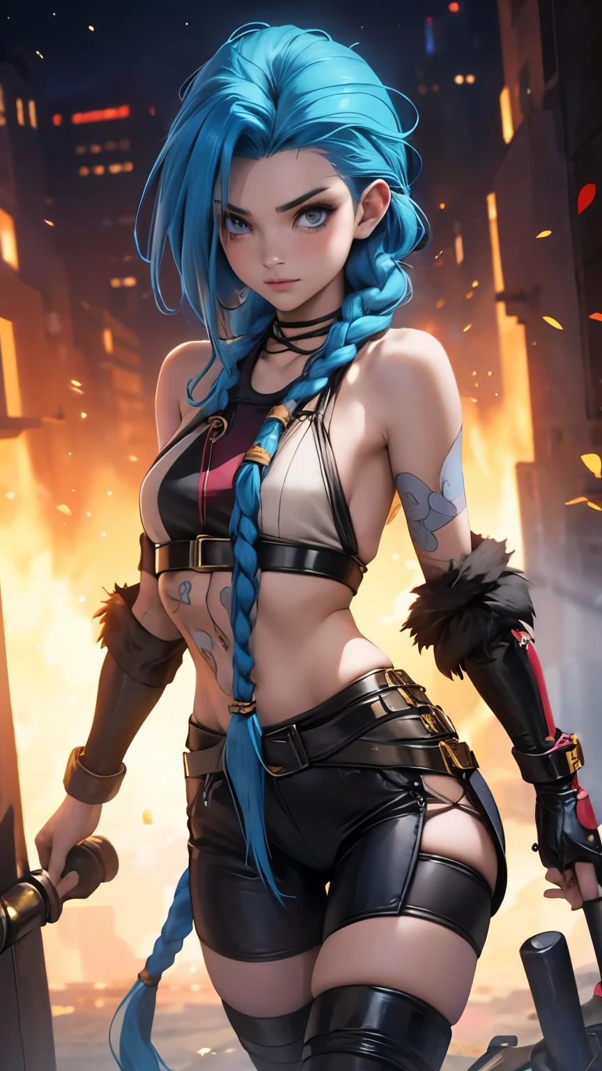 Height: Approximately 1,65 meters. Complexion: thin and athletic. fur: pale, with some scars and marks. hair: Short bright blue, with loose locks and braids. eyes: light blue, often with a manic glow. outfit: Jinx usually wears worn and ragged clothing., with bright colors and chaotic patterns. He often carries weapons and explosives.
