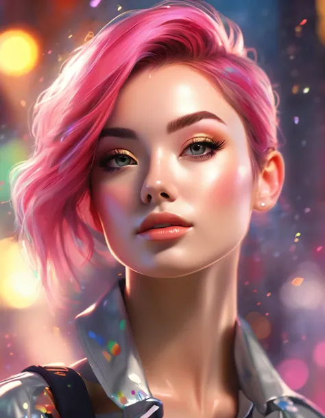 epic realistic close-up portrait of a woman with vibrant pink hair, wearing a gray shirt and set against a blurred gray backgrou...