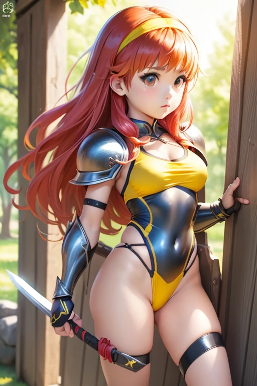 a bit, Warrior Girl, Black high leg swimsuit, sword,armor,Shiori Fujisaki、best quality, (beautiful), pretty face, (fujisaki shiori), yellow hairband, yellow bow,