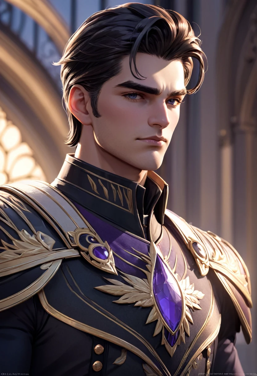 1 male, mature, Tall and muscular man, Broad shoulders, Detailed eyes and face, Highly detailed CG Unity 8k wallpaper, Intricate details, Royal, noble, music, Luxurious and gorgeous, Medium Hair, Black Hair, Purple Eyes, fleet commander, White Uniform, Window, Sunset