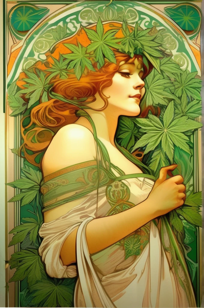 Alphonse Mucha Style - dessin d'une fille dans le style d'une affiche publicitaire par Alphonse Mucha, avec un ornement de feuilles de cannabis