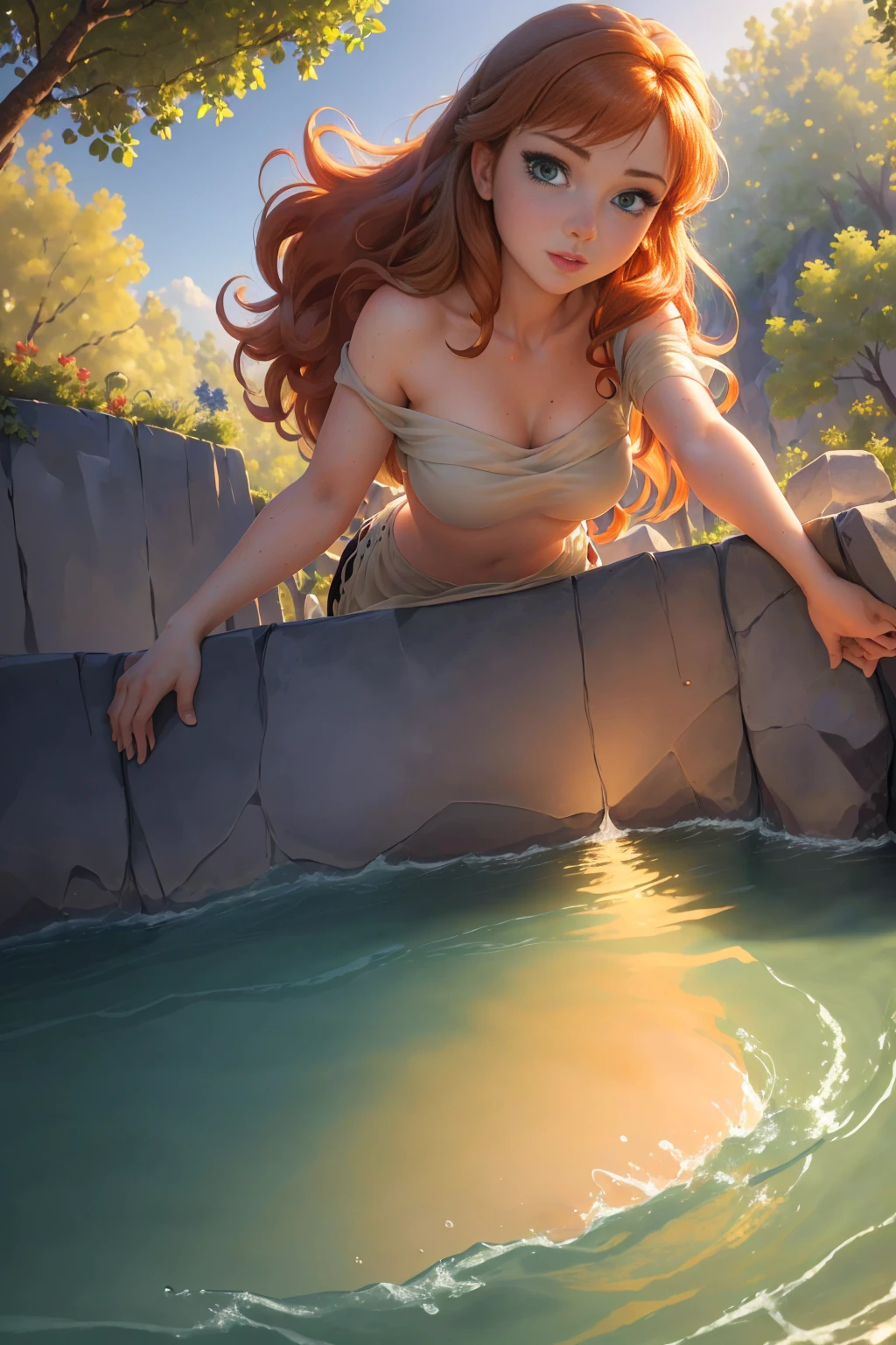 masterpiece:1.2, (best quality), ), (8k, 4k, ), viewed from the bushes, highly detailed:1.2, detailed face:1.2 ,(dynamic pose:1.2),( anna is bathing), 1girl, solo, green eyes, auburn hair, towel,  hair is loose, hair is wet, river