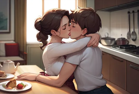 score_9, score_8_up, score_7_up, source_anime, 1boy, 1girl, mature female, mother and son, kid, hug, kiss, sitting on a kitchen ...